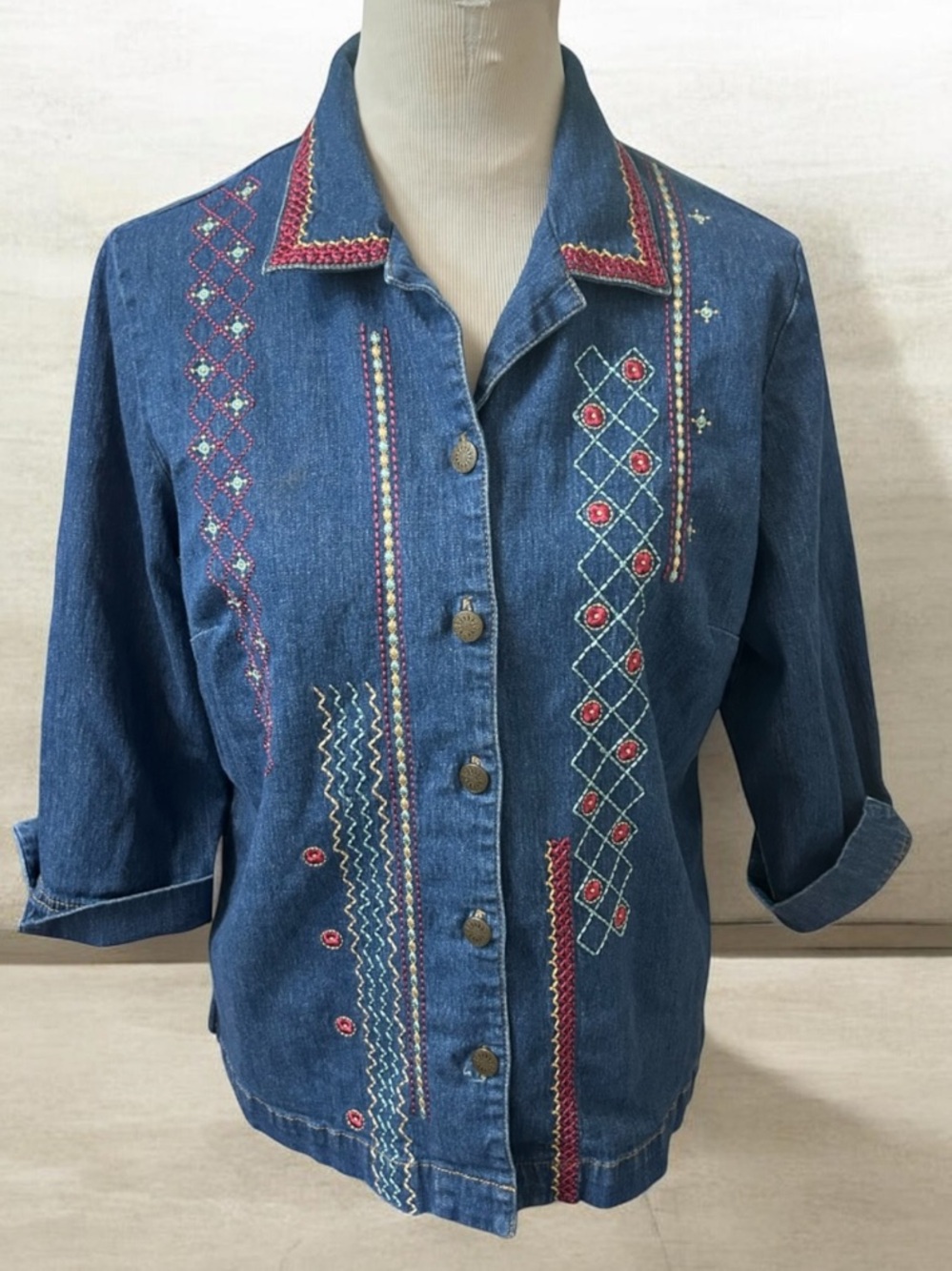 Vintage Koret Embroidered Denim Shirt Shacket Grannycore 90s Boho Size 12